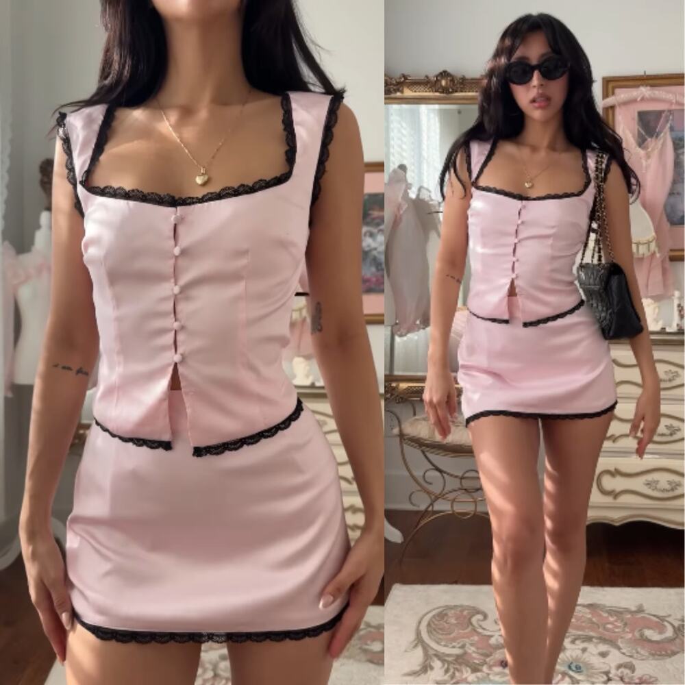 MORE TO COME | Rory Skirt Set in Pink Satin Black Lace Trim Mini XS